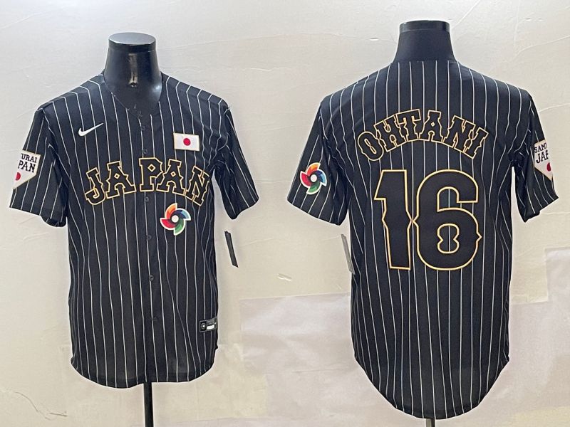 Men 2025 World Cub Japan #16 Ohtani Black Stripe Nike MLB Jersey style 4